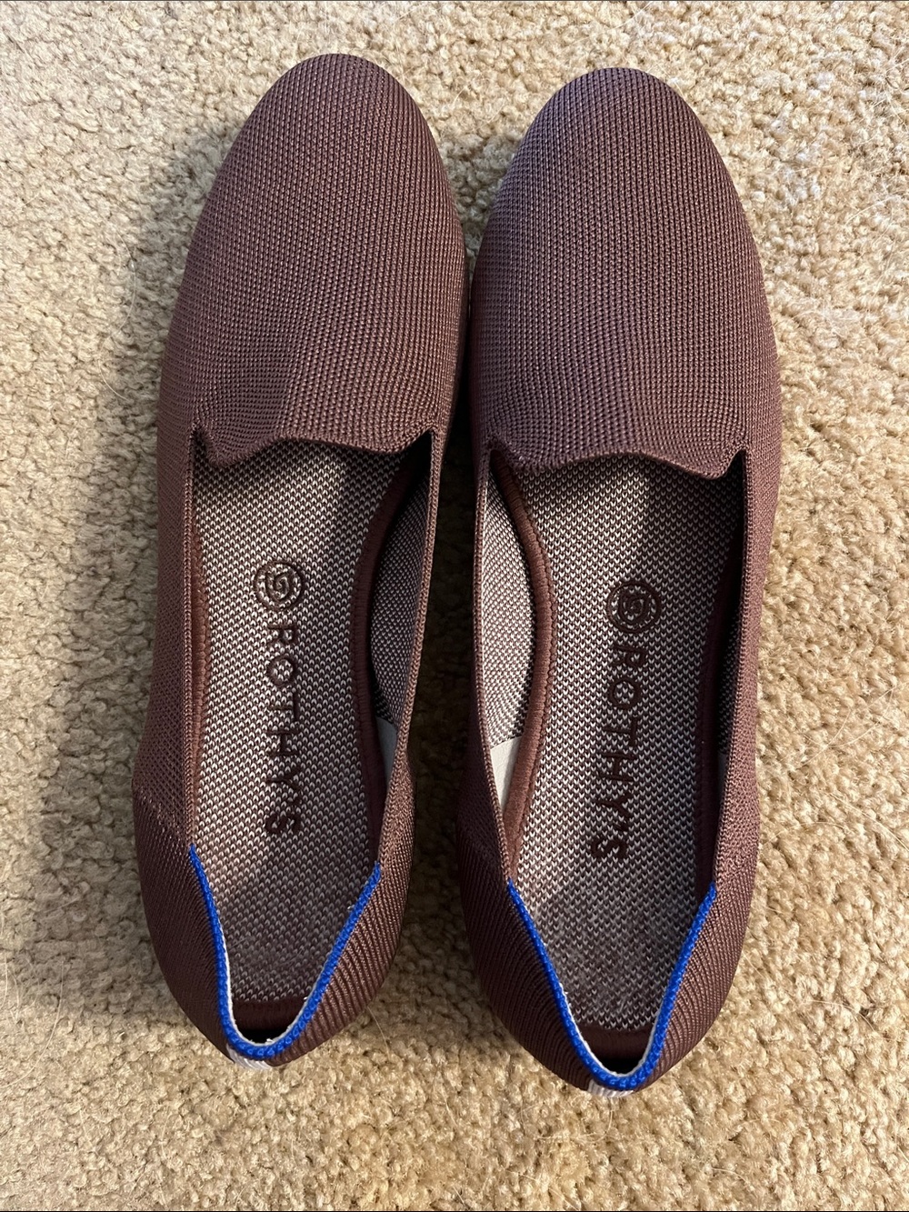Rothy's Brown Knit Slip-On Flats with Blue Heel Trim